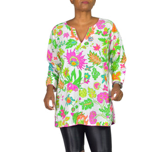 Gretchen Scott Cotton Tunic Pink Colorful Wonderland Top Blouse Cotton Floral Side Slits Split Neck Large