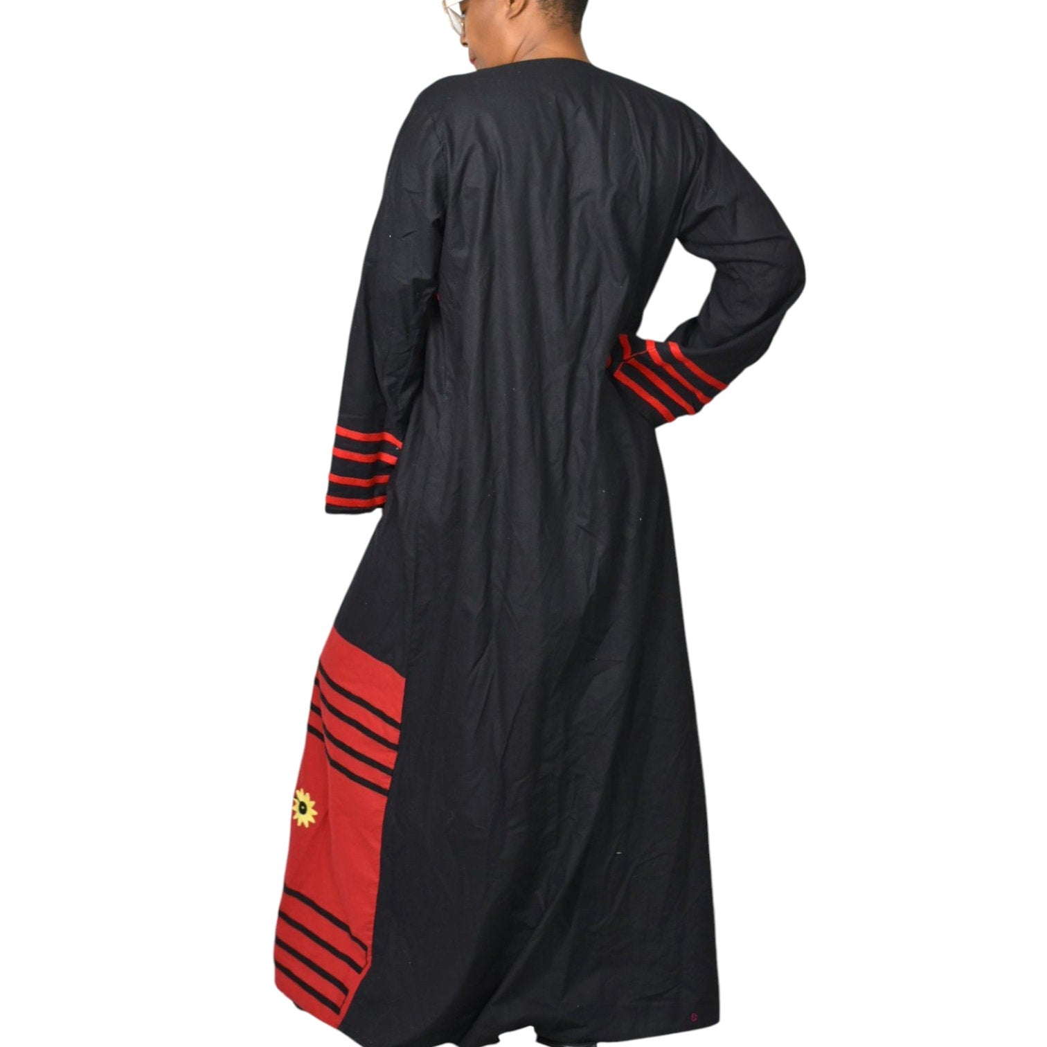 Egyptian Embroidered Caftan Dress Black Long Cover Up Tunic Floral Embroidery Yellow Large