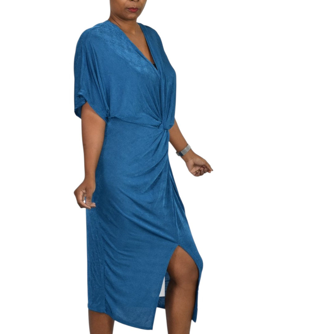 Floerns Dress Teal Blue Jersey Midi Ruched Knot Front Slit Shimmer Stretch Draped XL