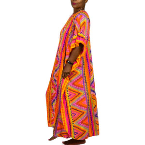 Vintage Abstract Psychedelic Accordion Caftan Dress Pink Geo Neon Dayglo Rainbow Print Maxi 60s 70s One Size S M L