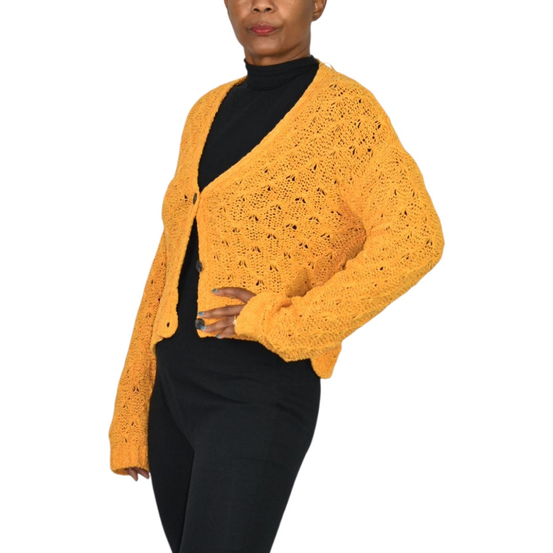 American Eagle Cropped Cardigan Sweater Yellow Slouchy Crochet Cotton Blend Knit Boxy V Neck XS