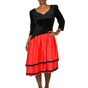 Vintage 80s Black Velvet Dress Red Taffeta Asymmetrical Ruffle Tiered Stretch Handmade Large