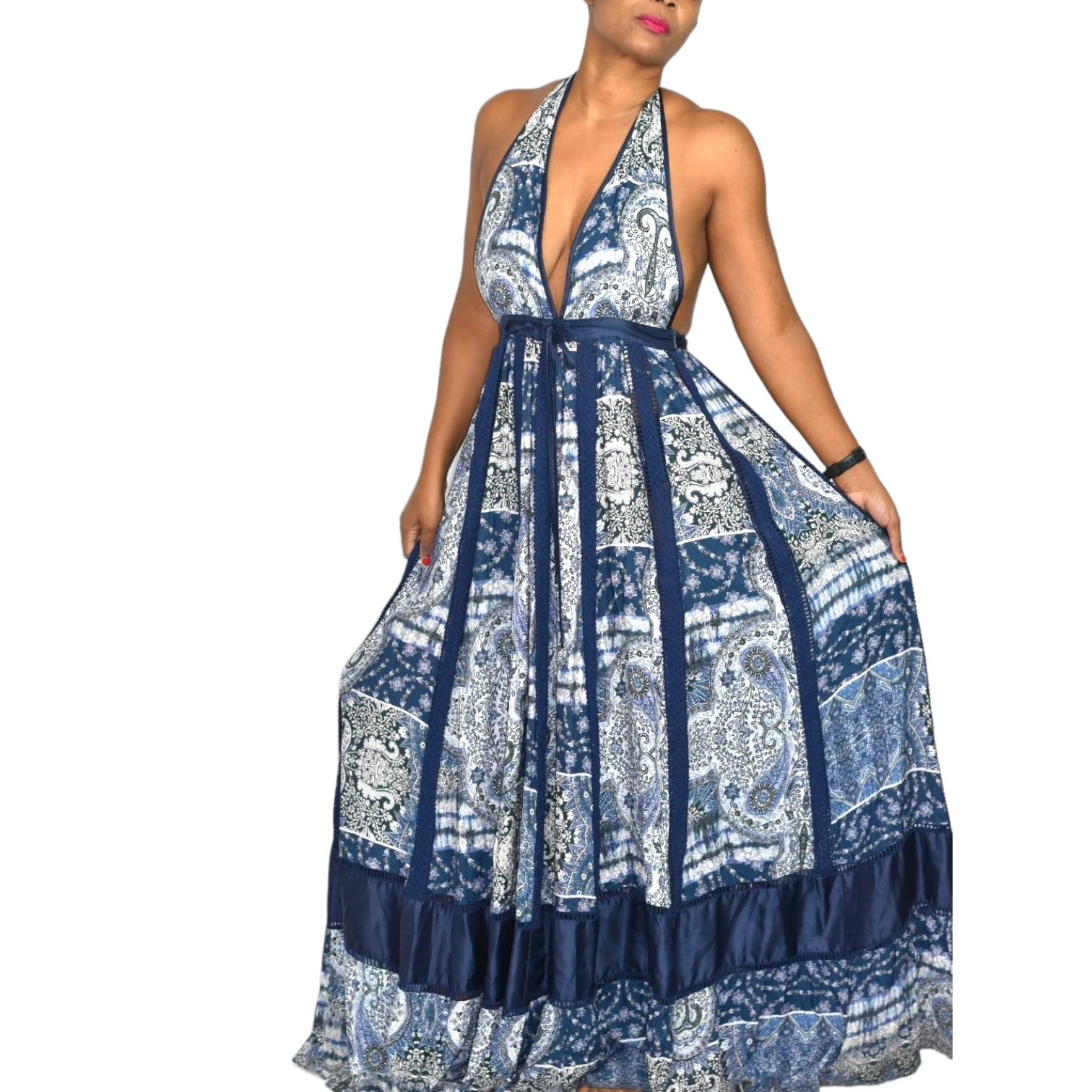 Young Fabulous Broke Maxi Dress Blue Paisley Patchwork YFB Low Cut Hal – The Thriftanista Closet
