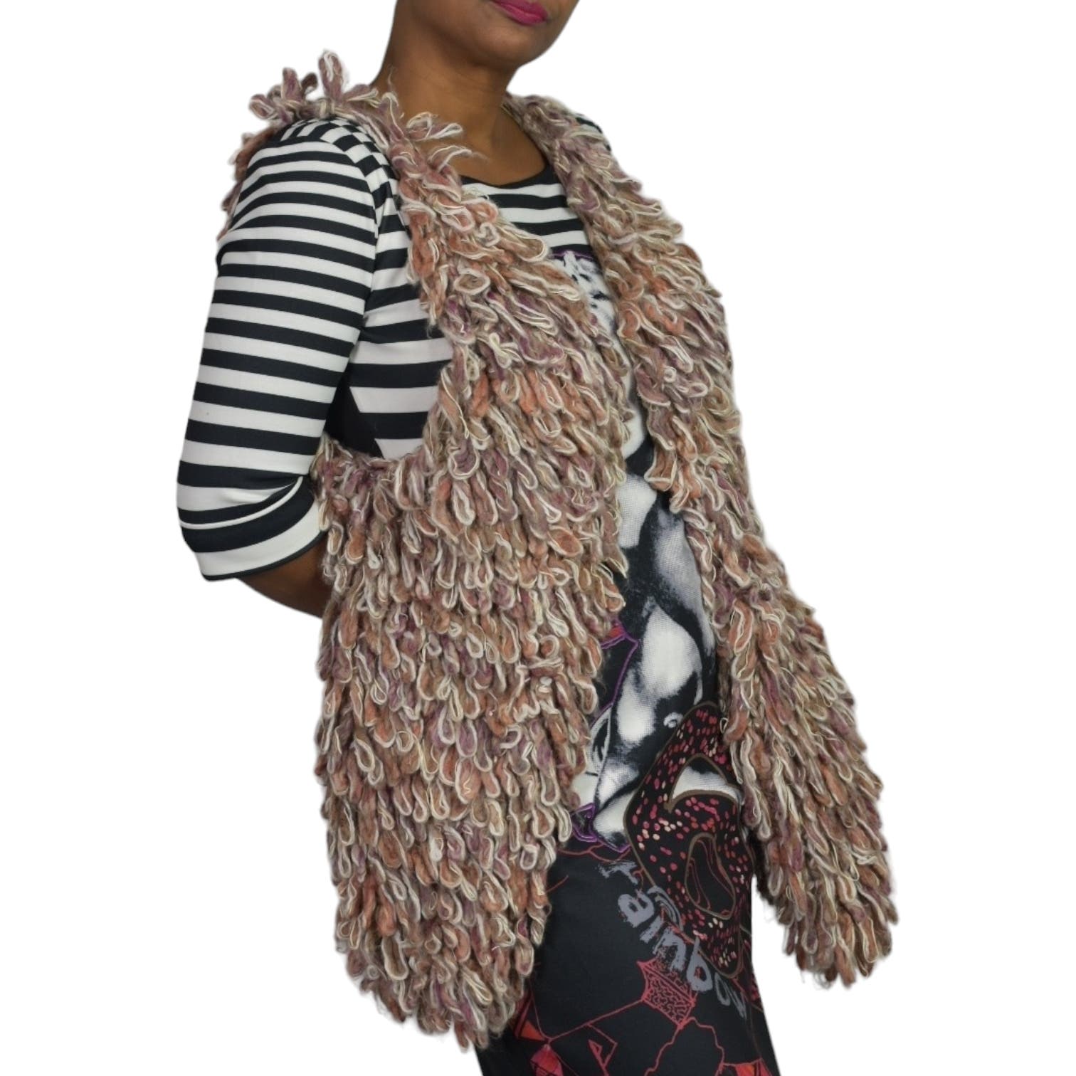 Anthropologie Hand Knit by Dollie Vest Tan Sherbet Loop Yarn Alpaca Textile Fiber Chunky Shaggy Wearable Art Size Medium Large