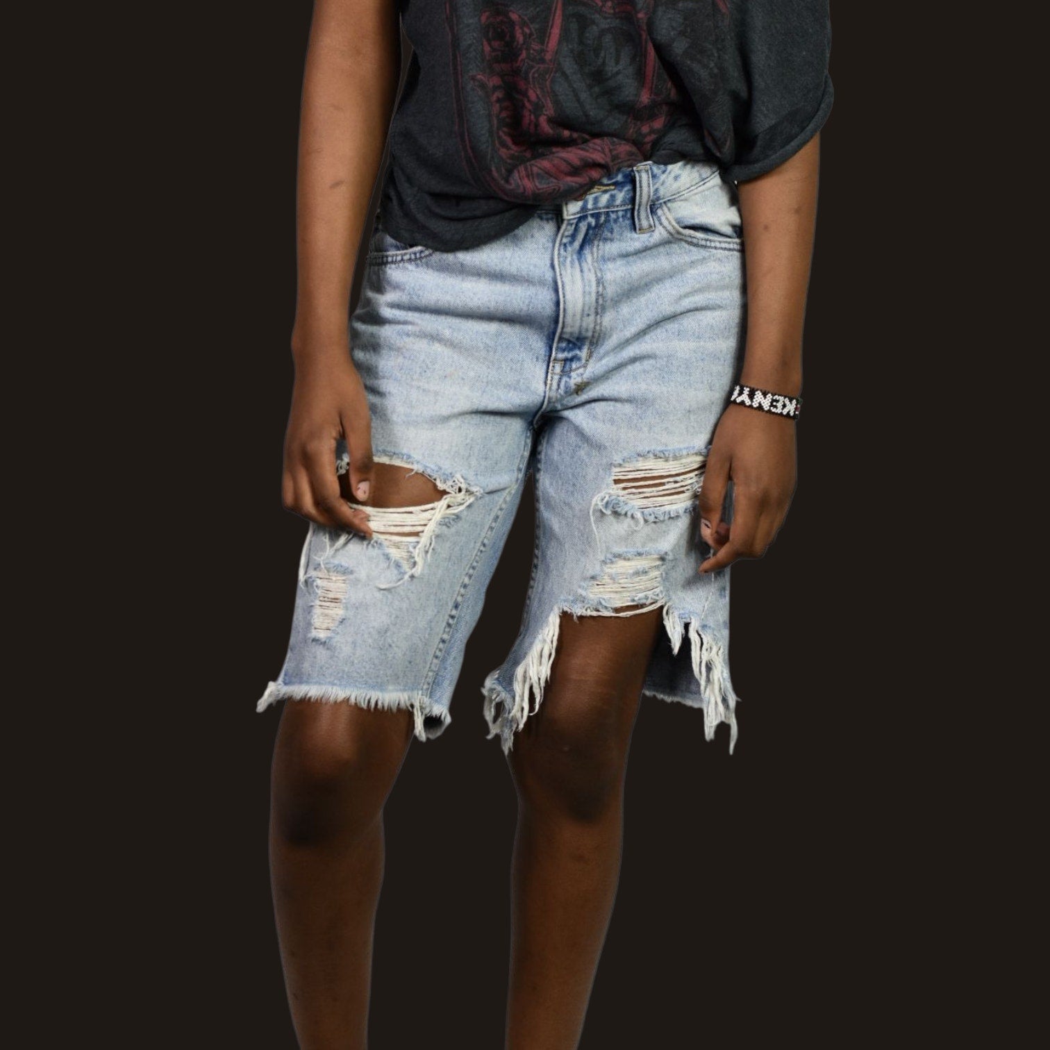 Ksubi Jean Shorts Light Blue Destroyed Heavy Distressed Denim Longline Mid Rise Cutoff Raw Hem Cotton 26