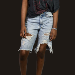 Ksubi Jean Shorts Light Blue Destroyed Heavy Distressed Denim Longline Mid Rise Cutoff Raw Hem Cotton 26