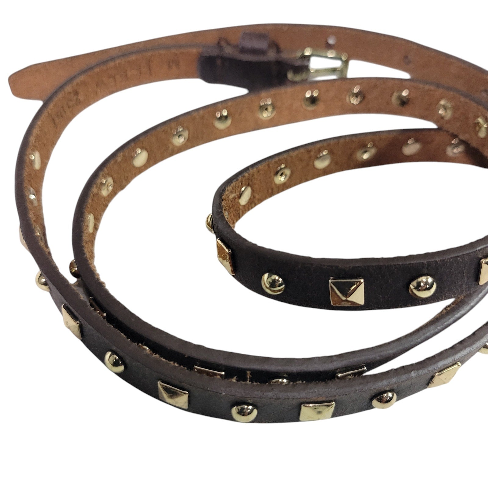 J Crew Studded Skinny Belt Dark Brown Leather Gold Studs Adjustable Classic Medium