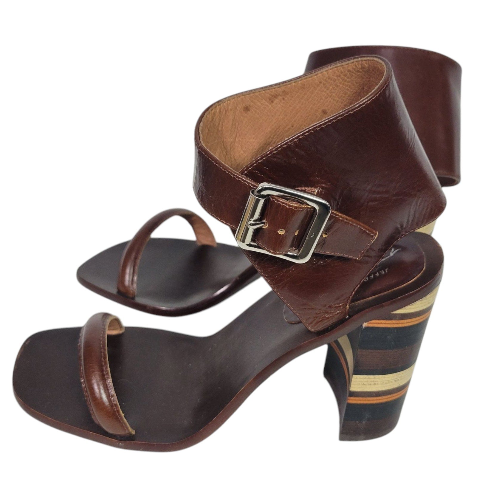Free People Cabana Heels Brown Jeffrey Campbell Leather Sandals Wooden Block Heels Ankle Strap Open Toe Heel 7