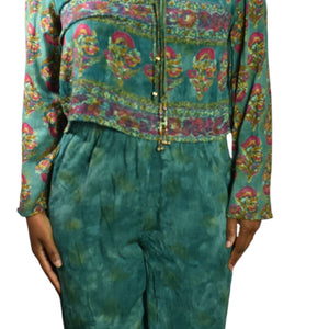 Vintage Carole Little Pant Suit 80s 90s Matching Set Green Teal Tassels Boxy Petite Small