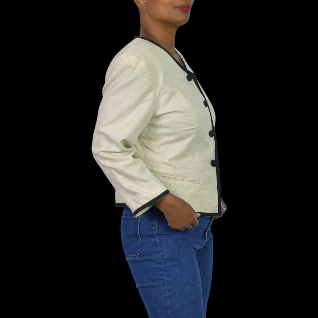 Vintage Althuser Linen Blend Blazer Jacket Beige Cropped Black Trim Tailored Shoulder Pads 10