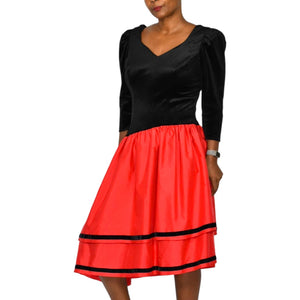 Vintage 80s Black Velvet Dress Red Taffeta Asymmetrical Ruffle Tiered Stretch Handmade Large