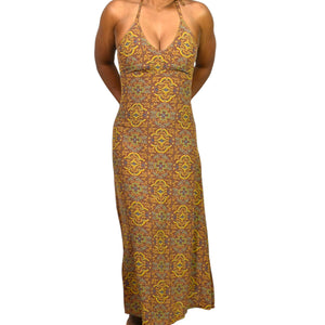 Vintage Gap Halter Dress Brown Mandala 90s Grunge Long Maxi Rayon Block Print Small