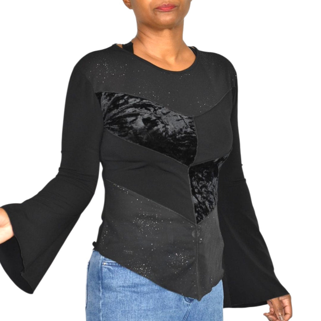 Vintage Ludmilla Paris Bell Sleeve Top Black Velvet Sparkle Y2K France Patchwork Small