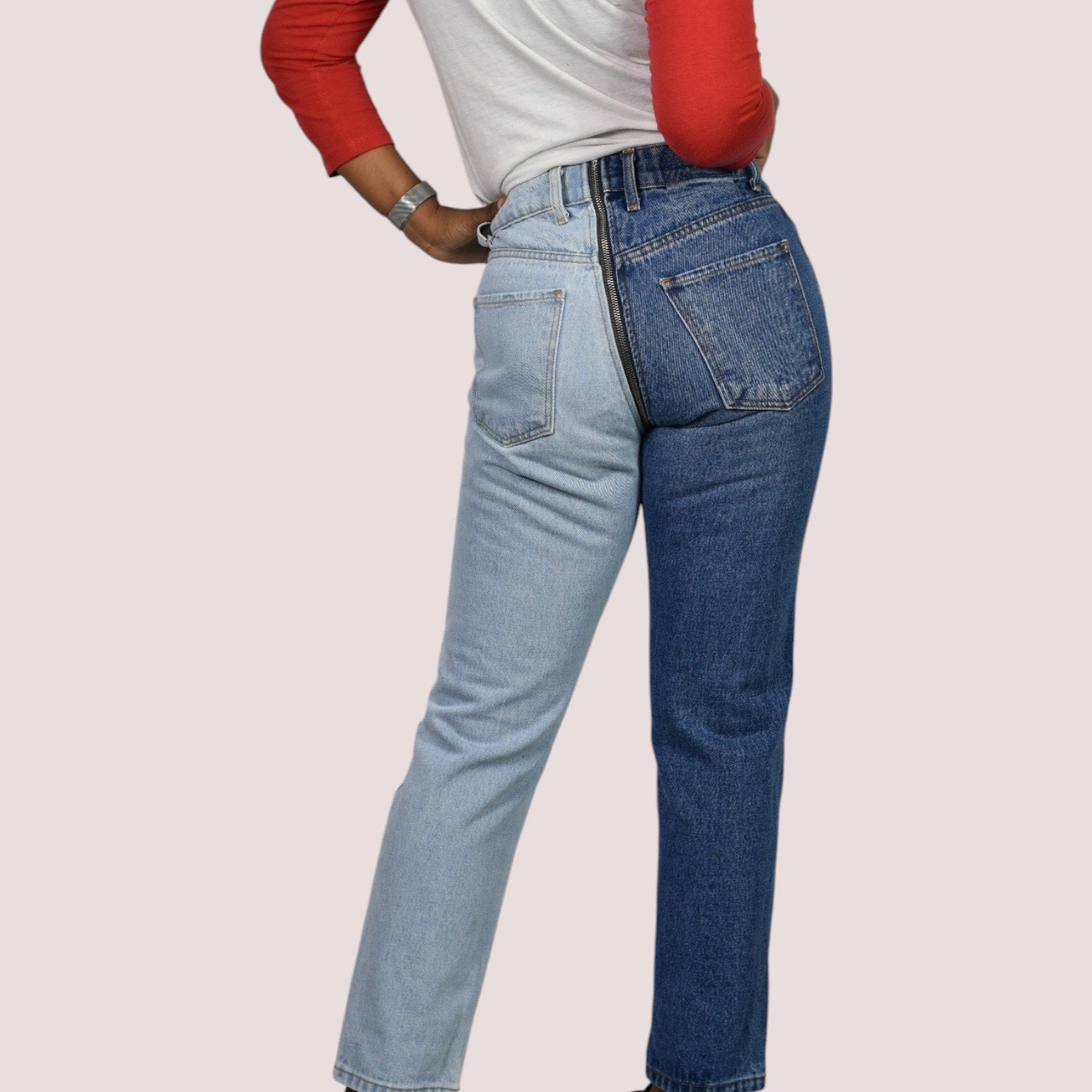 Revice Ying Yang Crop Jeans Blue Two Tone Denim Straight Front to Back Zipper High Waisted 27