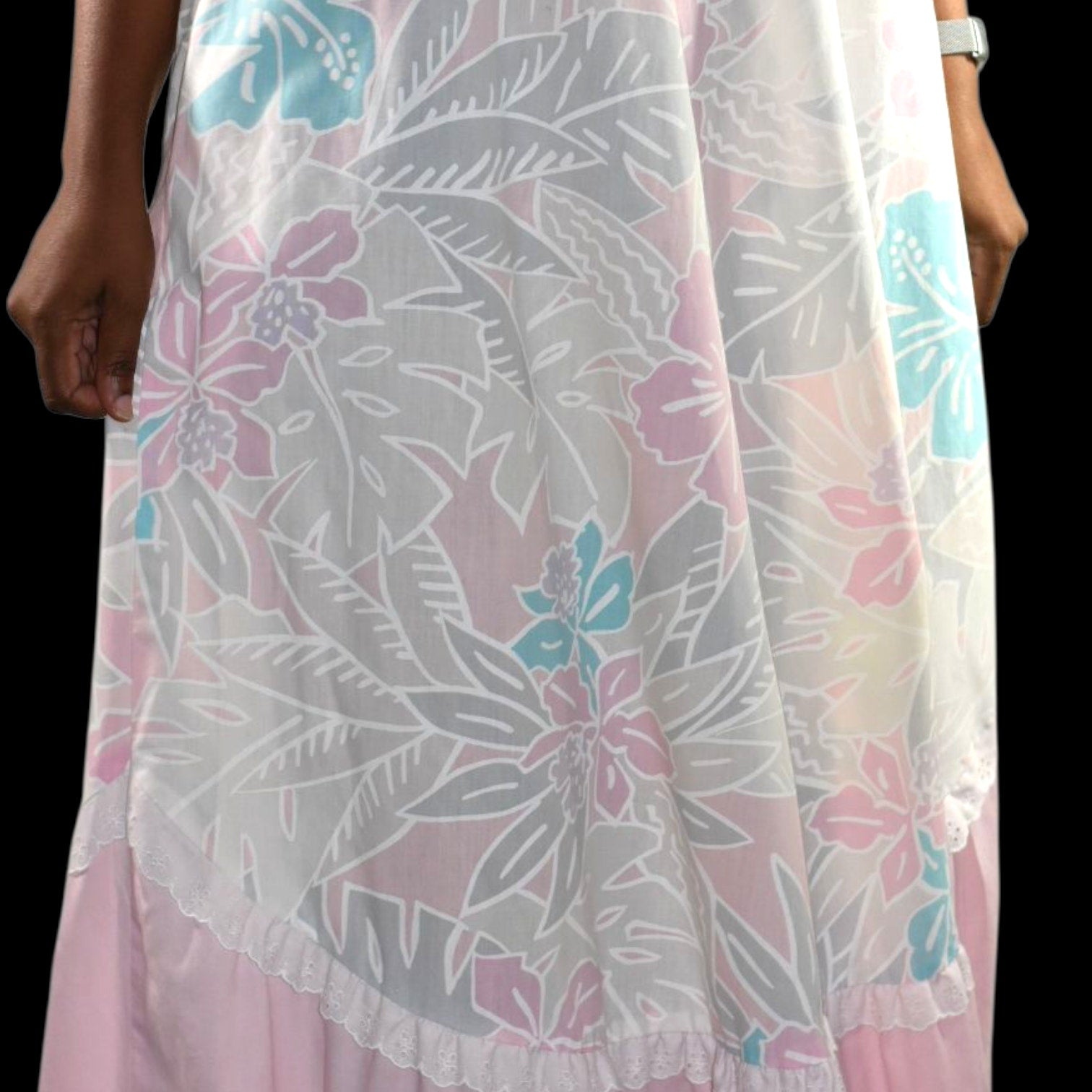 Vintage Hilda Hawaii Dress Pink Pastel Hawaiian Floral Maxi Tiered Eyelet Muumuu Small
