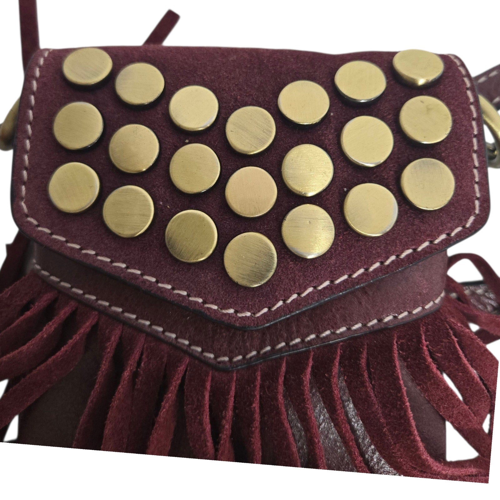 Firenze Bella Fringe Leather Bag Red Burgundy Studded Crossbody Pouch Adjustable Compact