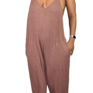 American Eagle Ribbed Knit Jumpsuit Brown Lounge Drop Crotch Racerback. Relaxed Size Medium