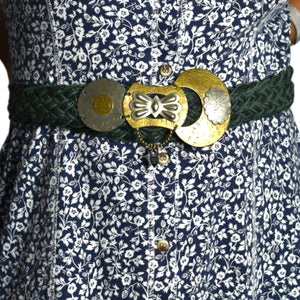 Baer SF Braided Belt Green Leather Mixed Embellished Media Metals Discs Arty Bohemian Handmade