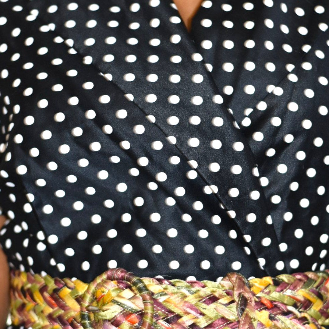 Vintage SG Gilbert Polka Dot Dress Black White Notched Collar Shirtdress Double Breasted 8