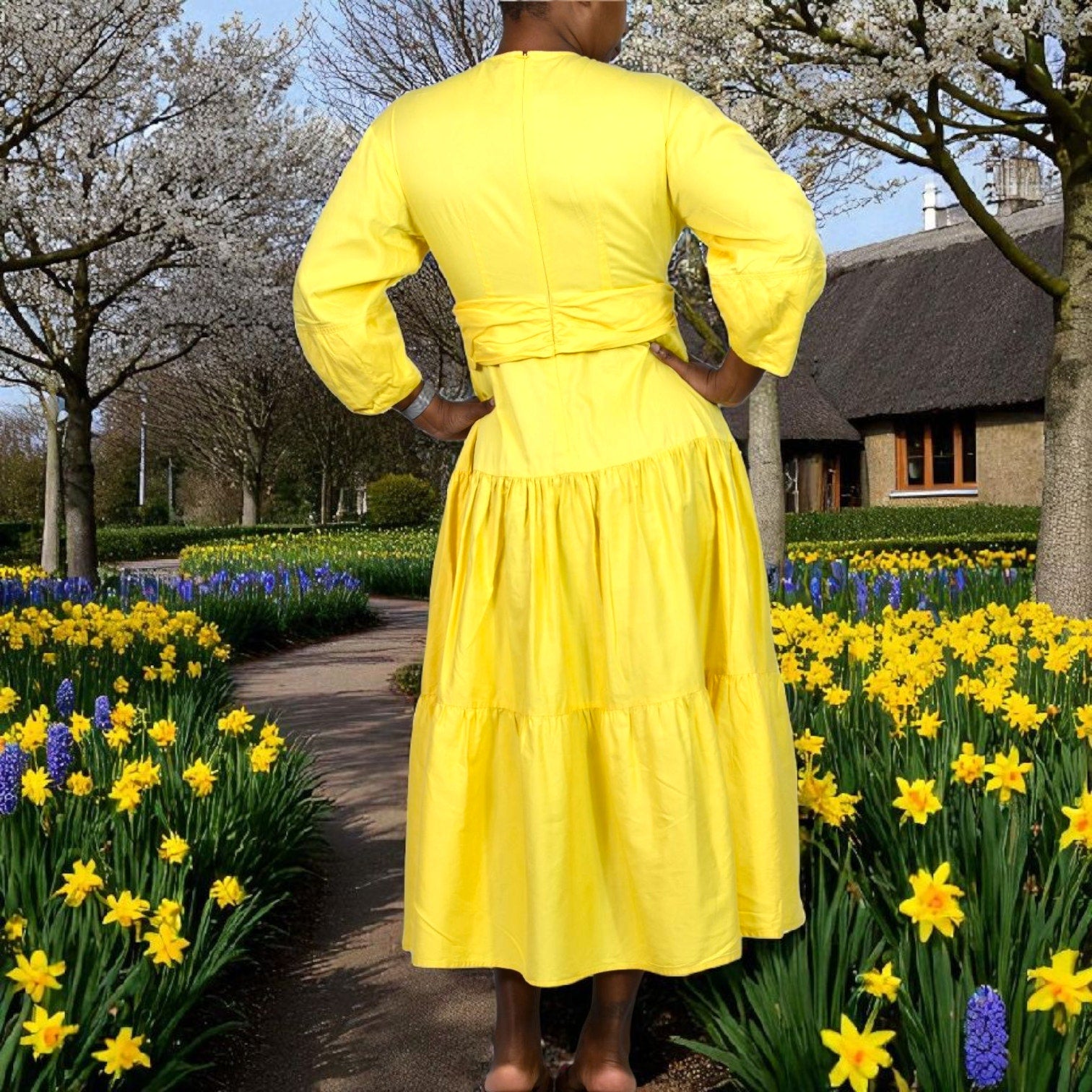 Derek Lam Twist Front Midi Dress Yellow Waist Cutout Poplin Cotton Tiered Medium 40 8