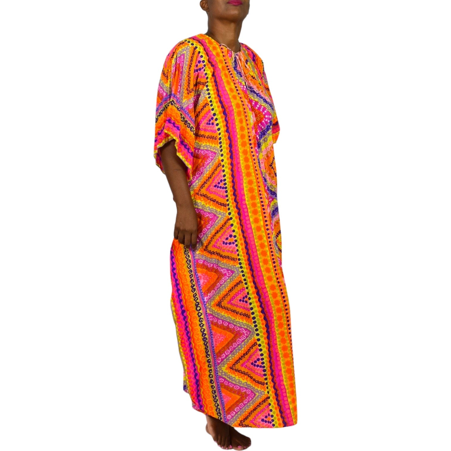 Vintage Abstract Psychedelic Accordion Caftan Dress Pink Geo Neon Dayglo Rainbow Print Maxi 60s 70s One Size S M L