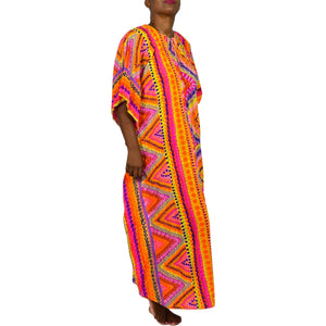 Vintage Abstract Psychedelic Accordion Caftan Dress Pink Geo Neon Dayglo Rainbow Print Maxi 60s 70s One Size S M L