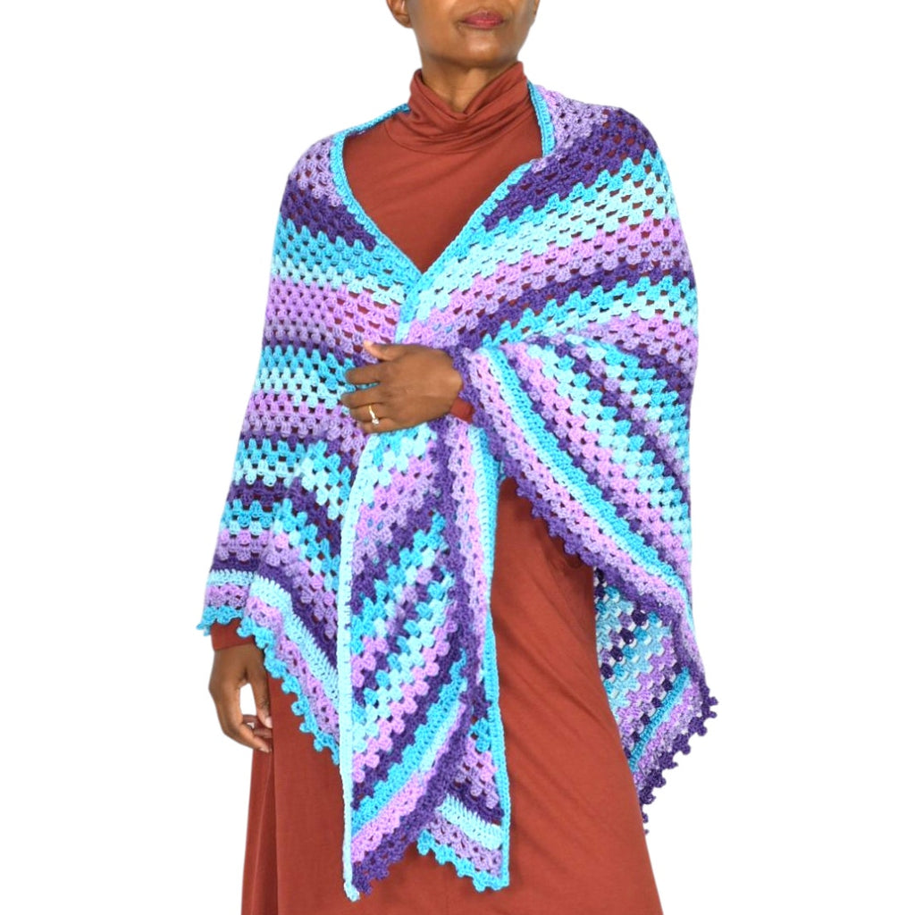Hand Knit Crochet Shawl Blue Purple Ombre Blanket Wrap Triangle Granny Squares Vintage Afghan One Size S M L