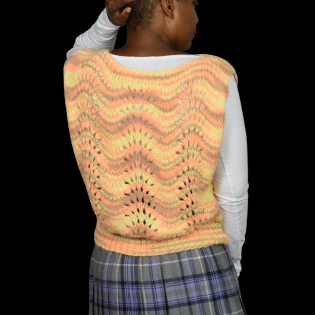 Homemade Sweater Vest Top Jerkin Yellow Vintage Hand Knit Knitted Pastel Wave Medium