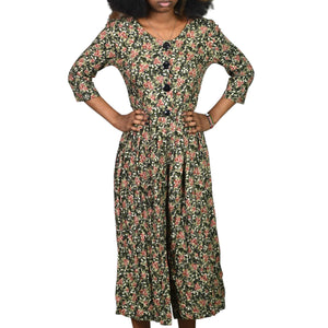 Vintage Rabbit Jr Floral Jumpsuit Black Rayon Wide Leg Ditsy Microprint Calico Earthy XS X Small