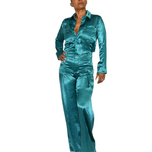 Free People Night Like This One Satin Jumpsuit Green Emerald Jewel Tone Silky Flare Wide Leg Cutout Utility XS