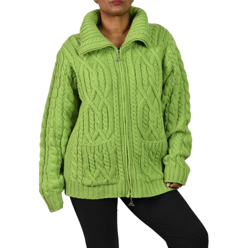 Aran Crafts Zip Front Sweater Green Wool Cardigan Irish Cable Knit Chunky Large