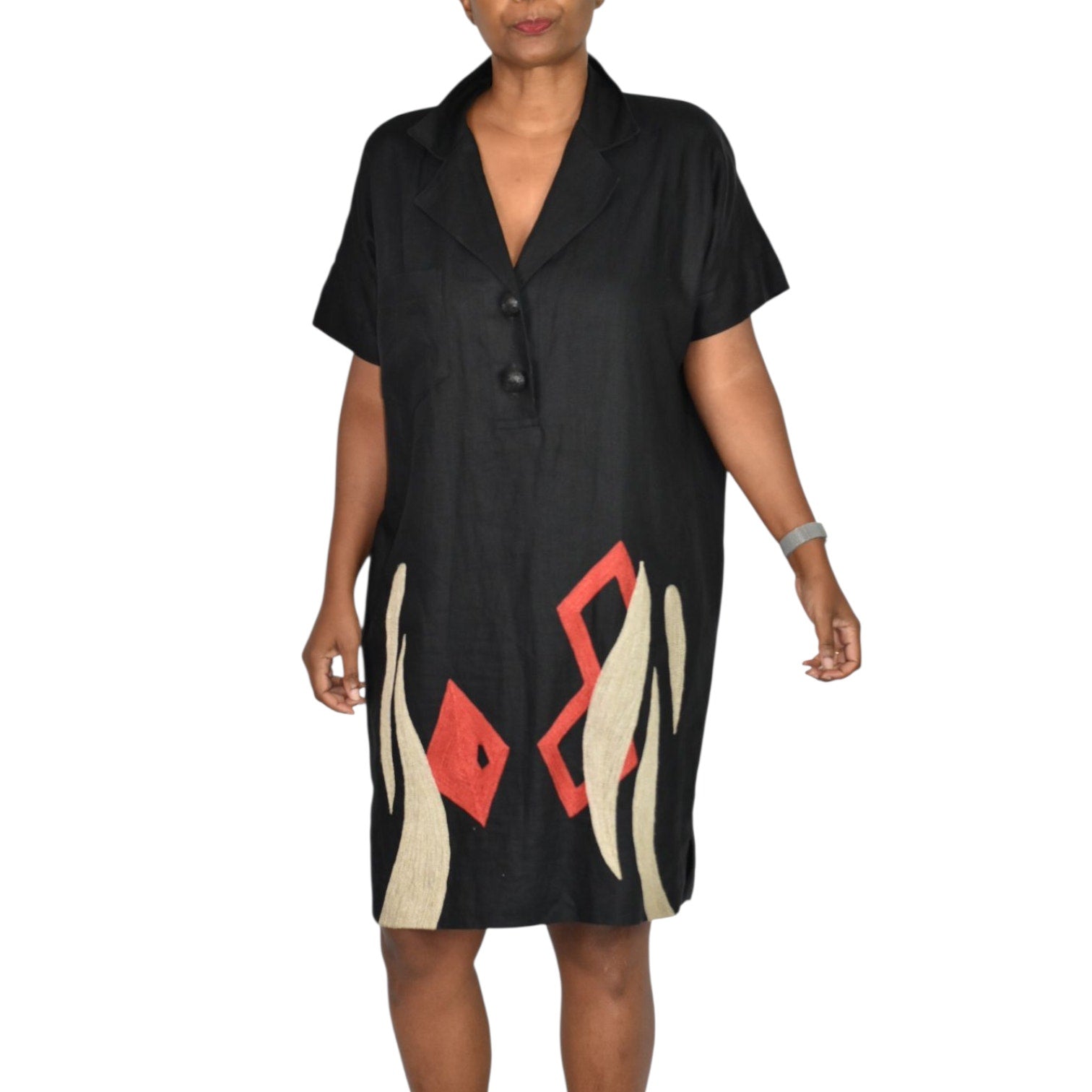 Vintage Andrea Jovine Linen Dress Black Print Abstract Embroidery Cocoon 10 Medium