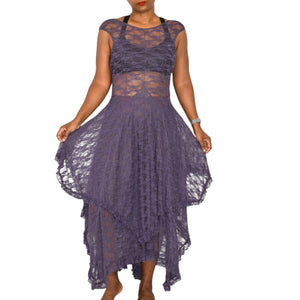 Free People French Courtship Slip Dress Purple Stretch Lace Sheer Midi Asymmetric Handkerchief Hem XS
