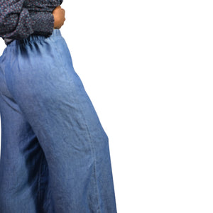Show Me Your Mumu Explorer Pants Blue Chambray Flare Wide Leg High Waist Pull On Small
