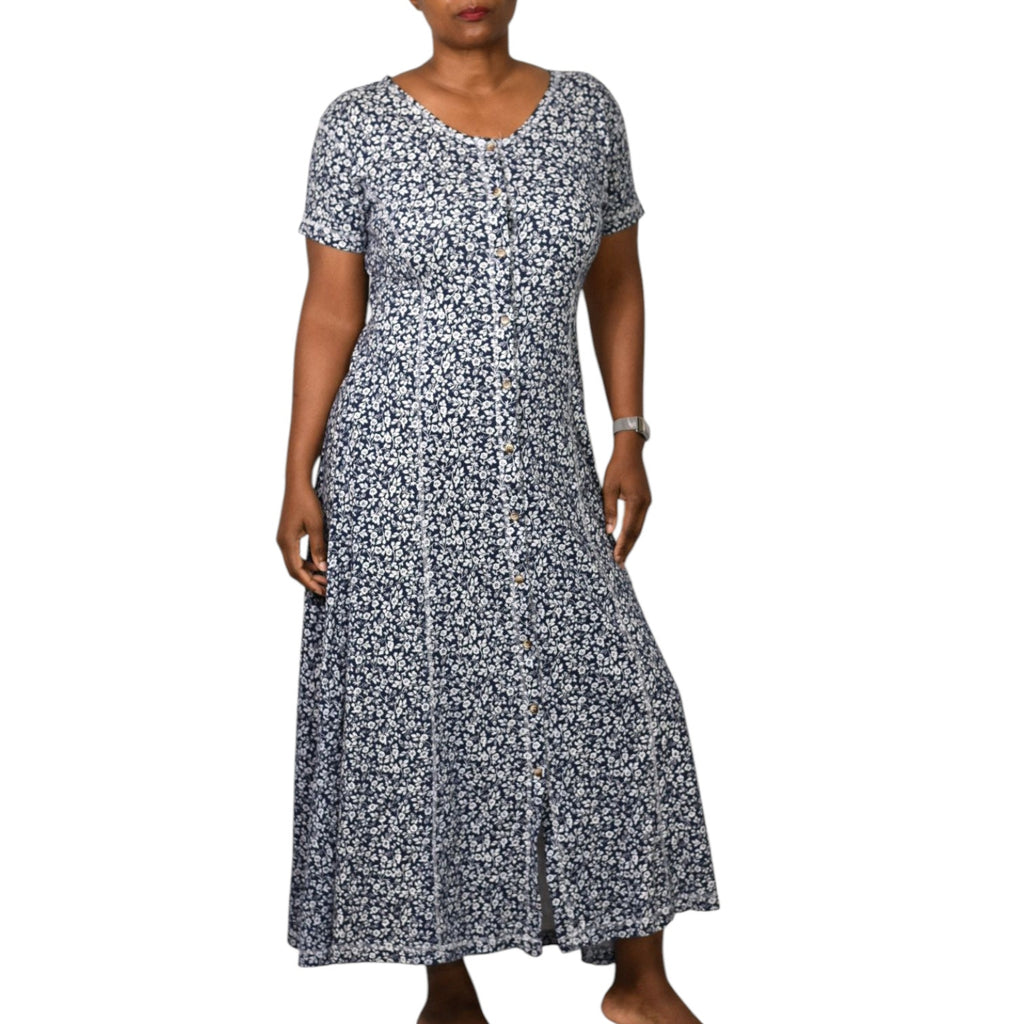 Vintage Eddie Bauer Maxi Dress Blue Floral Button Front Shirtdress Knit Jersey Medium Petite