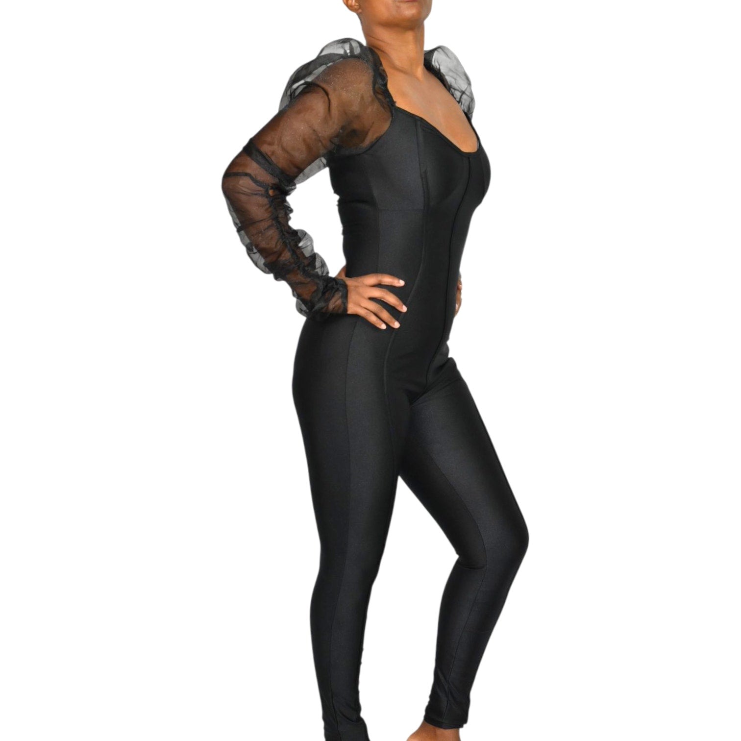 Lips Inc USA Jumpsuit Black Mesh Sheer Chiffon Puff Long Sleeve Bustier Bodysuit Small