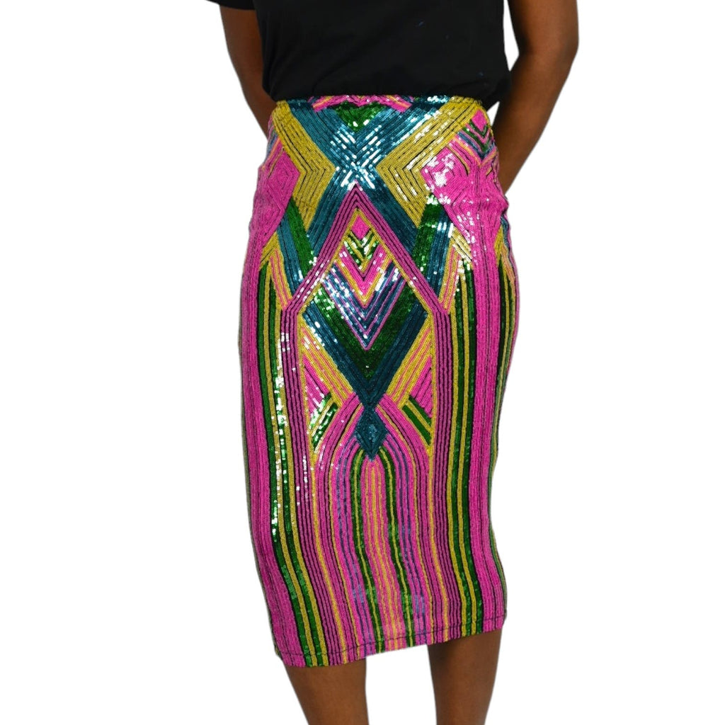 Fashion Nova Exotic Feels Sequin Skirt Pink Multicolor Pencil Geometric Colorblock Midi Stretch Size XS