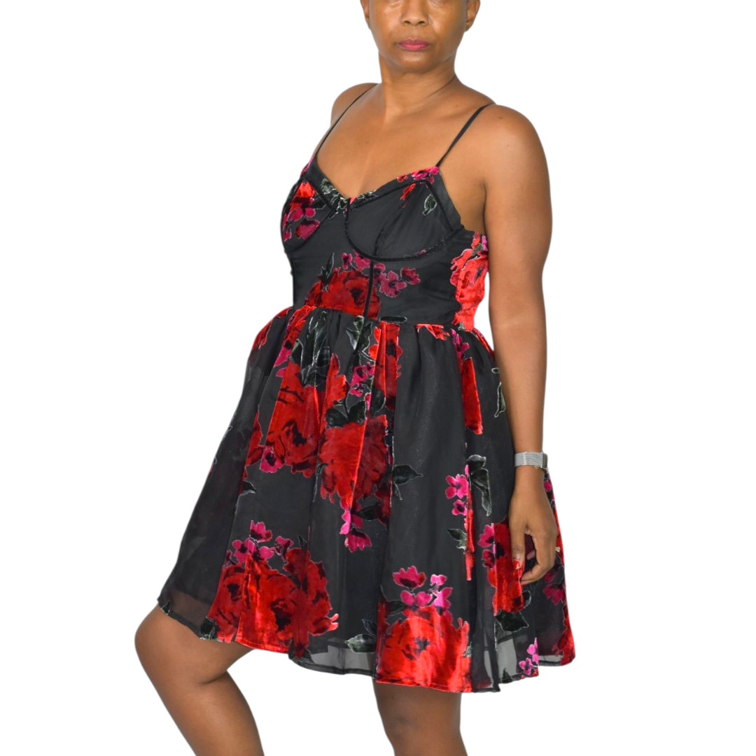 Betsey Johnson Lucia Bustier Dress Red Floral Mini Sheer Velvet Burnout Rose Corset Babydoll Sweetheart Large