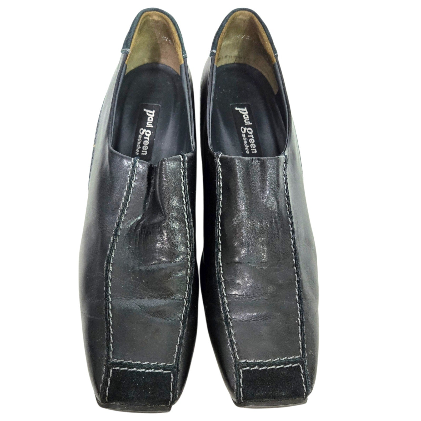 Paul Green Lucy Square Toe Loafers Black Leather Suede Shoes Slip On Low Wedge Comfort 9