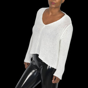 Wooden Ships Maui V Neck White Ivory Pullover Sweater Slouchy Cropped Boxy Side Slits Small Medium