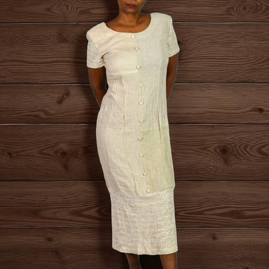 KC Spencer Column Straight Midi Dress Tan Mixed Print Checks Gingham Deadstock Long 8