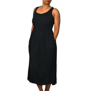 Frye Easy Button Front Dress Black Midi Minimalist Tank Jersey Knit Pockets Rayon XS