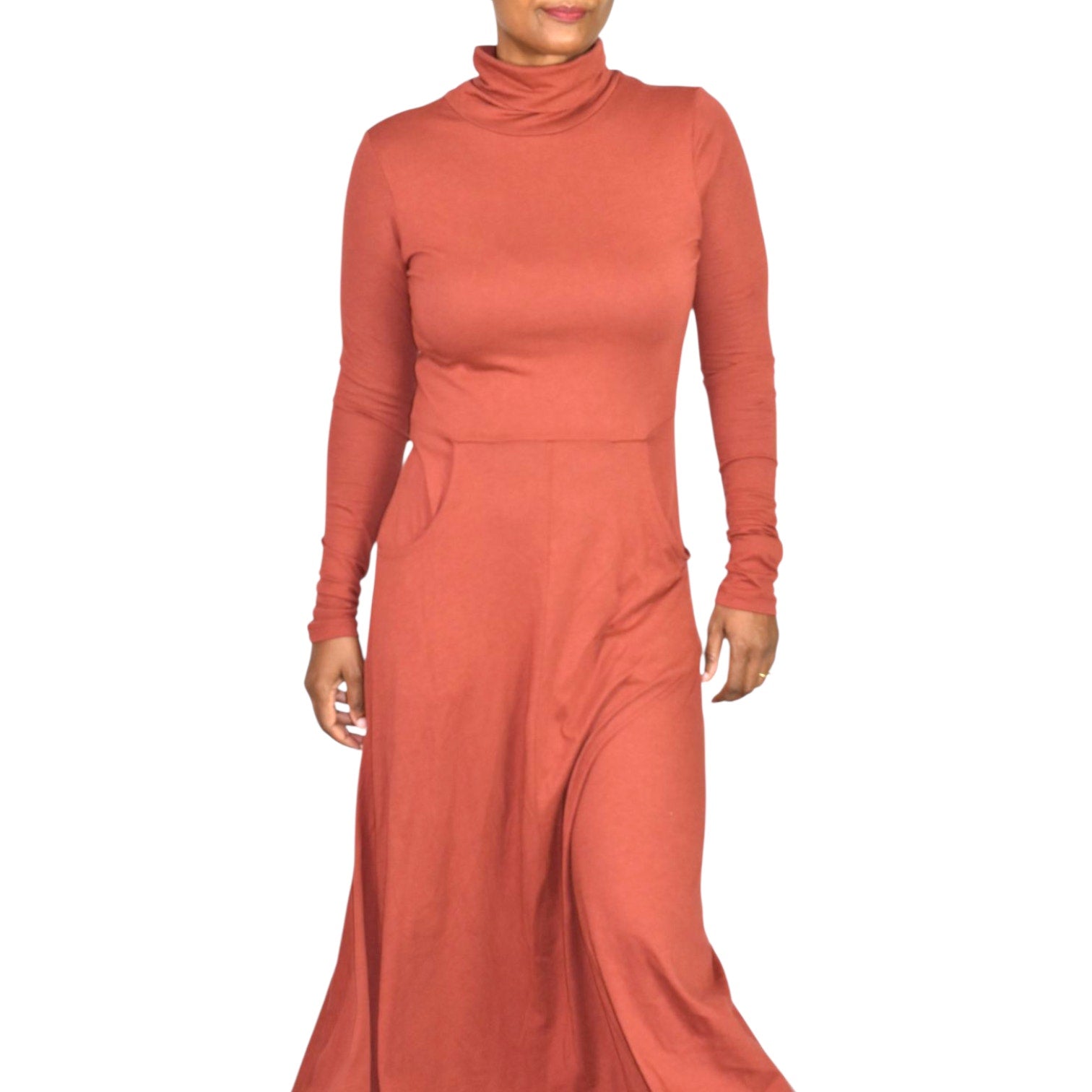 Peruvian Connection Haley Turtleneck Dress Burnt Sierra Orange Cotton Modal Midi Jersey Long Sleeve Stretch Small