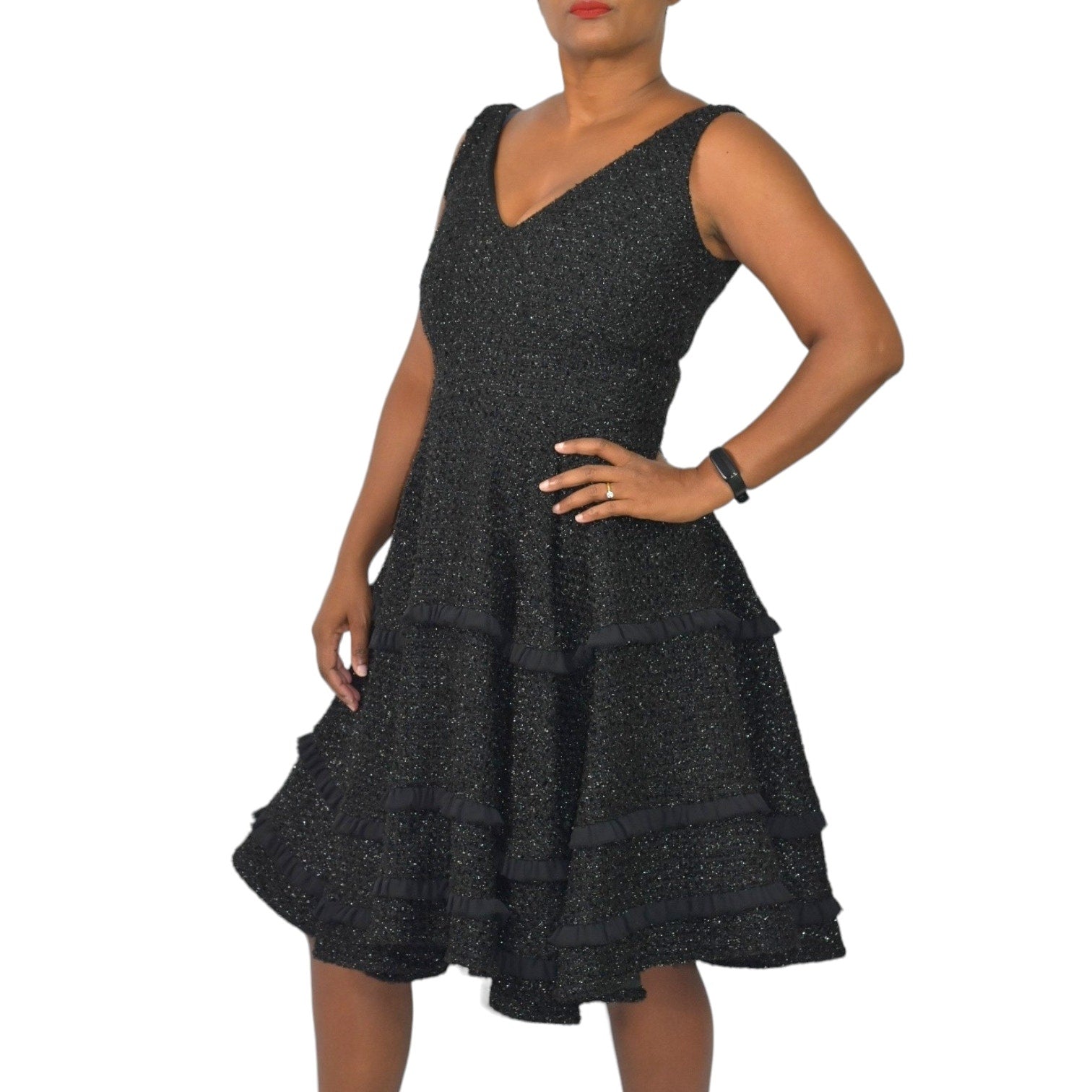 Abbey Glass Black Dress Tweed Boucle Textured Sparkle Shimmer Fit And Flare Tiered Full Midi Swing Knit Size 4