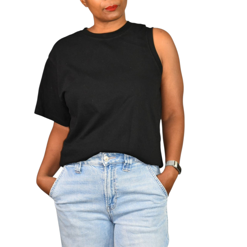 Agolde Della Asymmetric T Shirt Black Cotton One Shoulder Tee Crew Short Sleeve Classic Top Relaxed XS