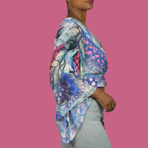 Leifsdottir Serpent Charmer Silk Blouse Top Blue Wrap Watercolor Print Kimono Sleeve Anthropologie 6