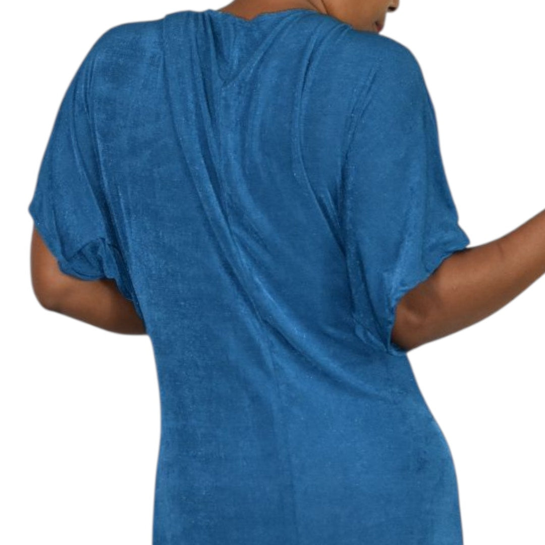 Floerns Dress Teal Blue Jersey Midi Ruched Knot Front Slit Shimmer Stretch Draped XL