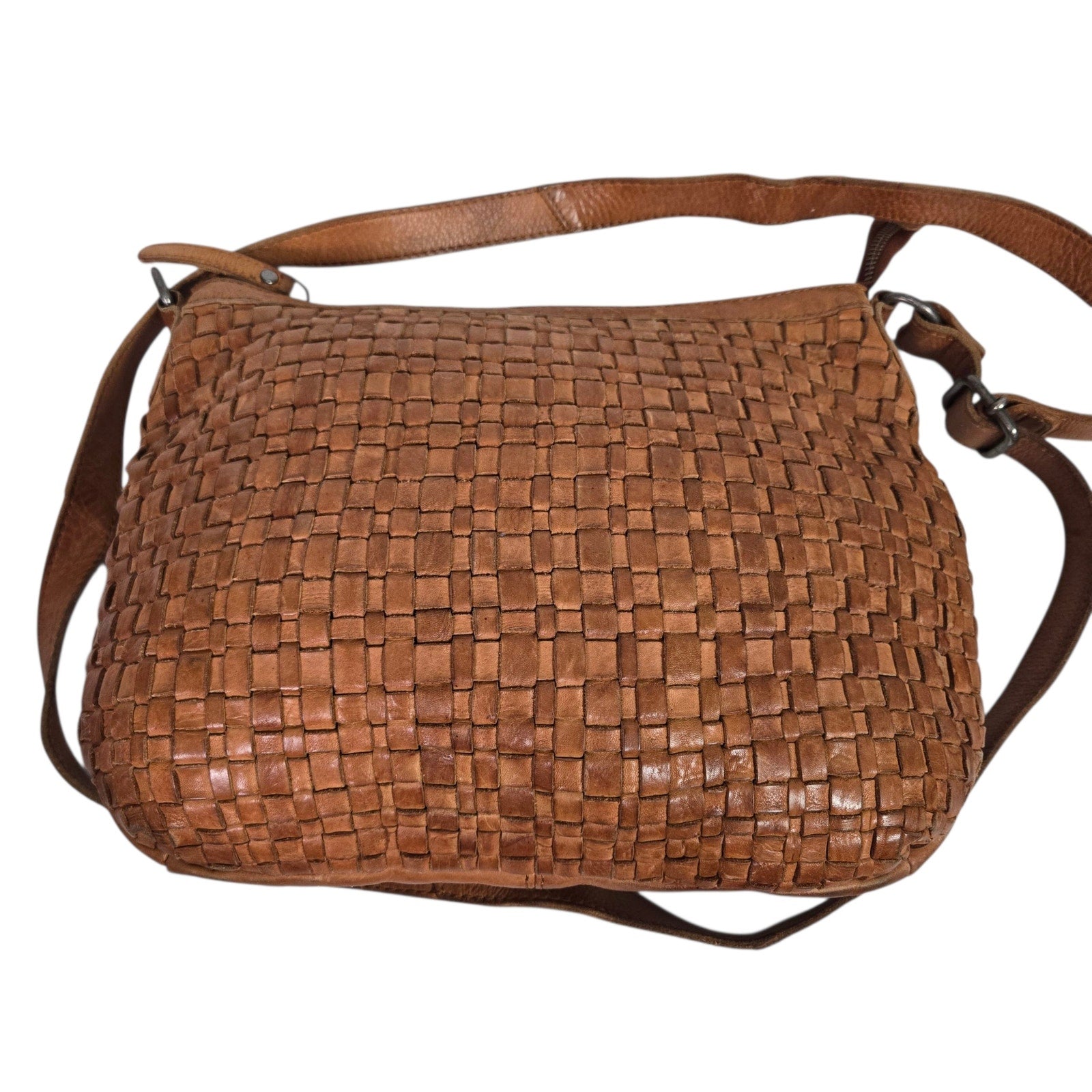 Vilenca Holland Leather Bag Brown Cognac Woven Leather Adjustable Shoulder Crossbody Soft Slouchy