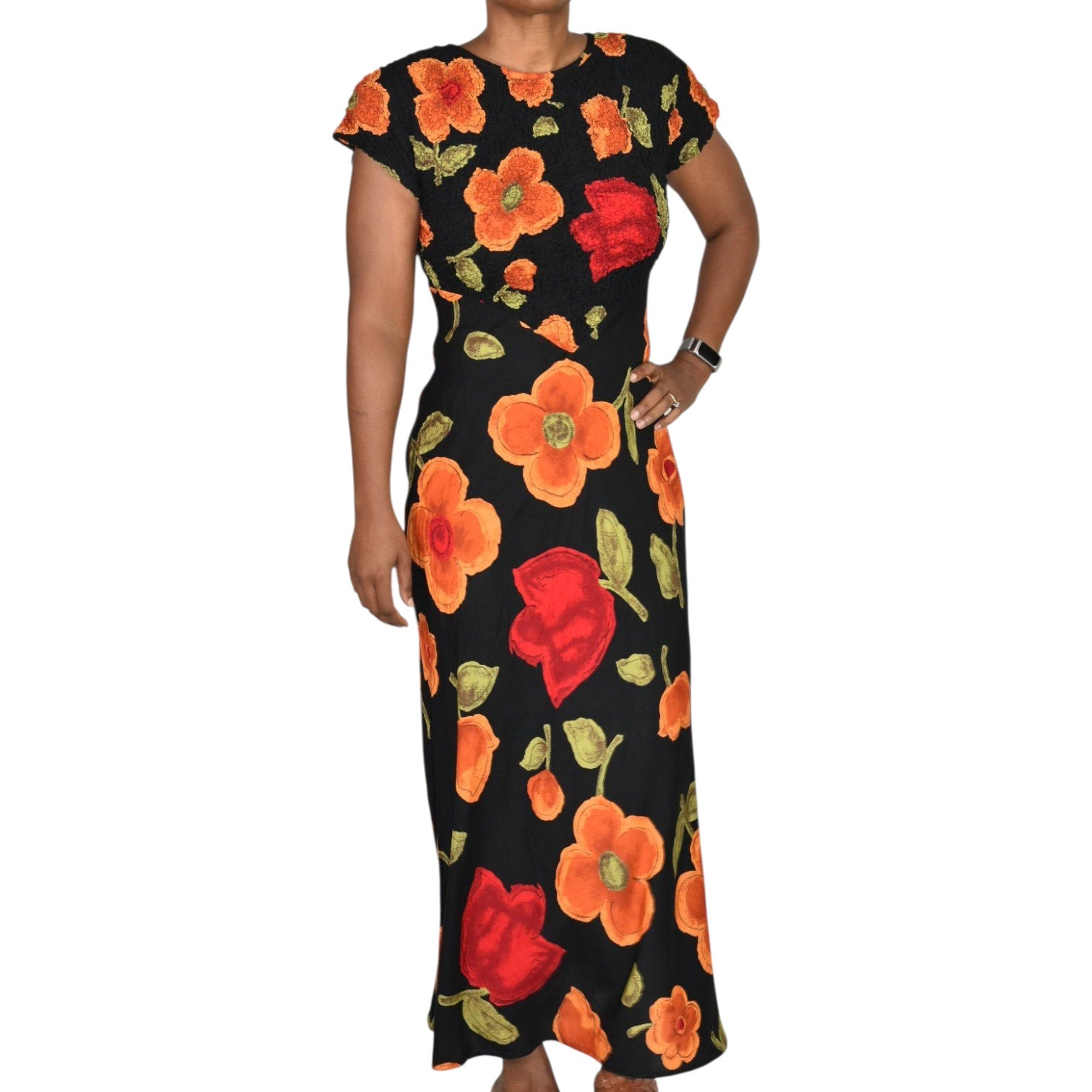 Jeffrey Dara Vintage Floral Maxi Dress Black Floral Flowers Rayon Shoulder Pads Column Deadstock 8 Medium