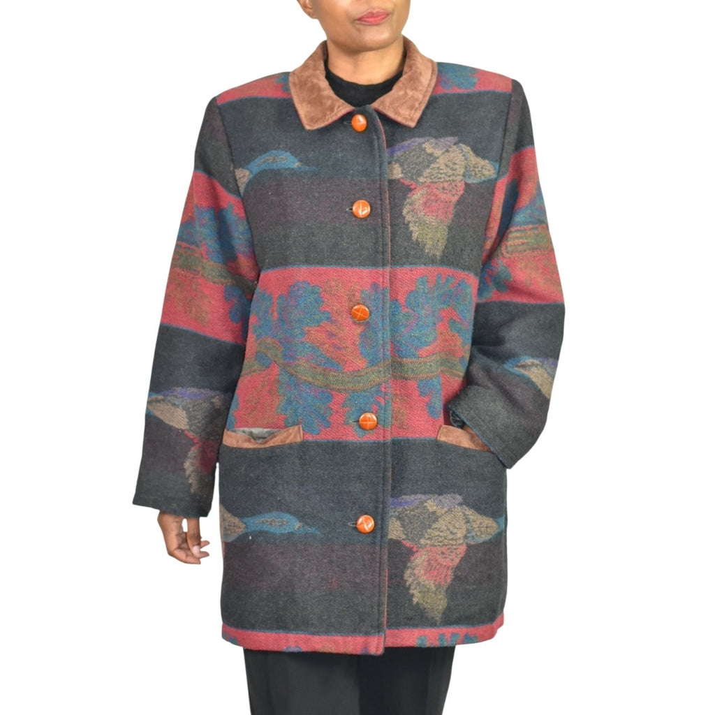 VINTAGE Flytime Tapestry Mallard Coat Italy Wool Duck Foliage Oversized Medium